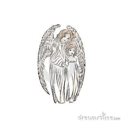 Angel with child pray. Vector Illustration